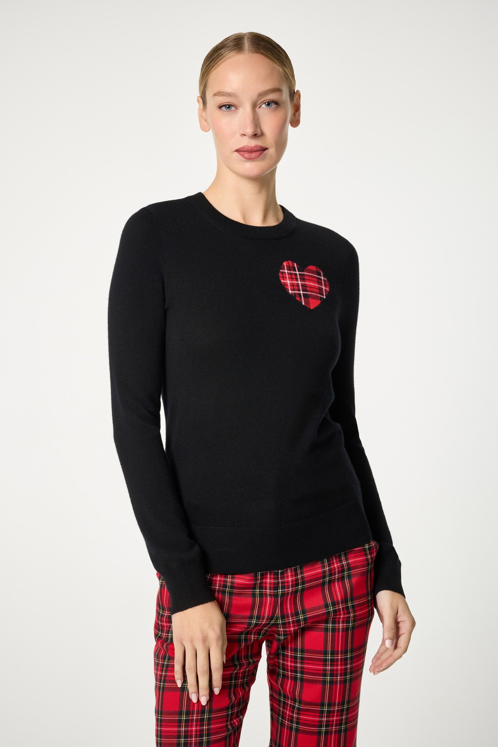 Trina Turk Plaid Heart Crewneck Sweater