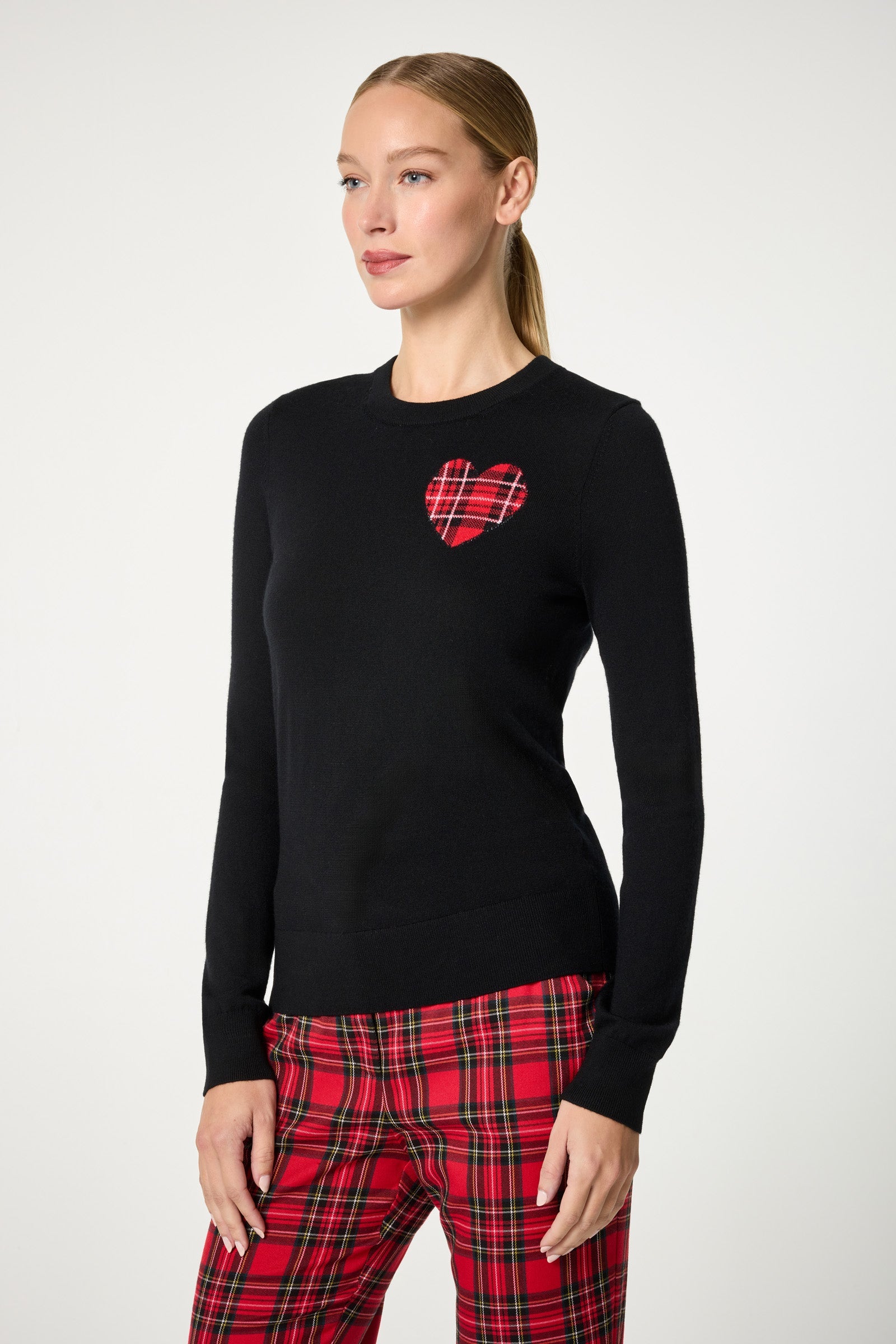 Trina Turk Plaid Heart Crewneck Sweater