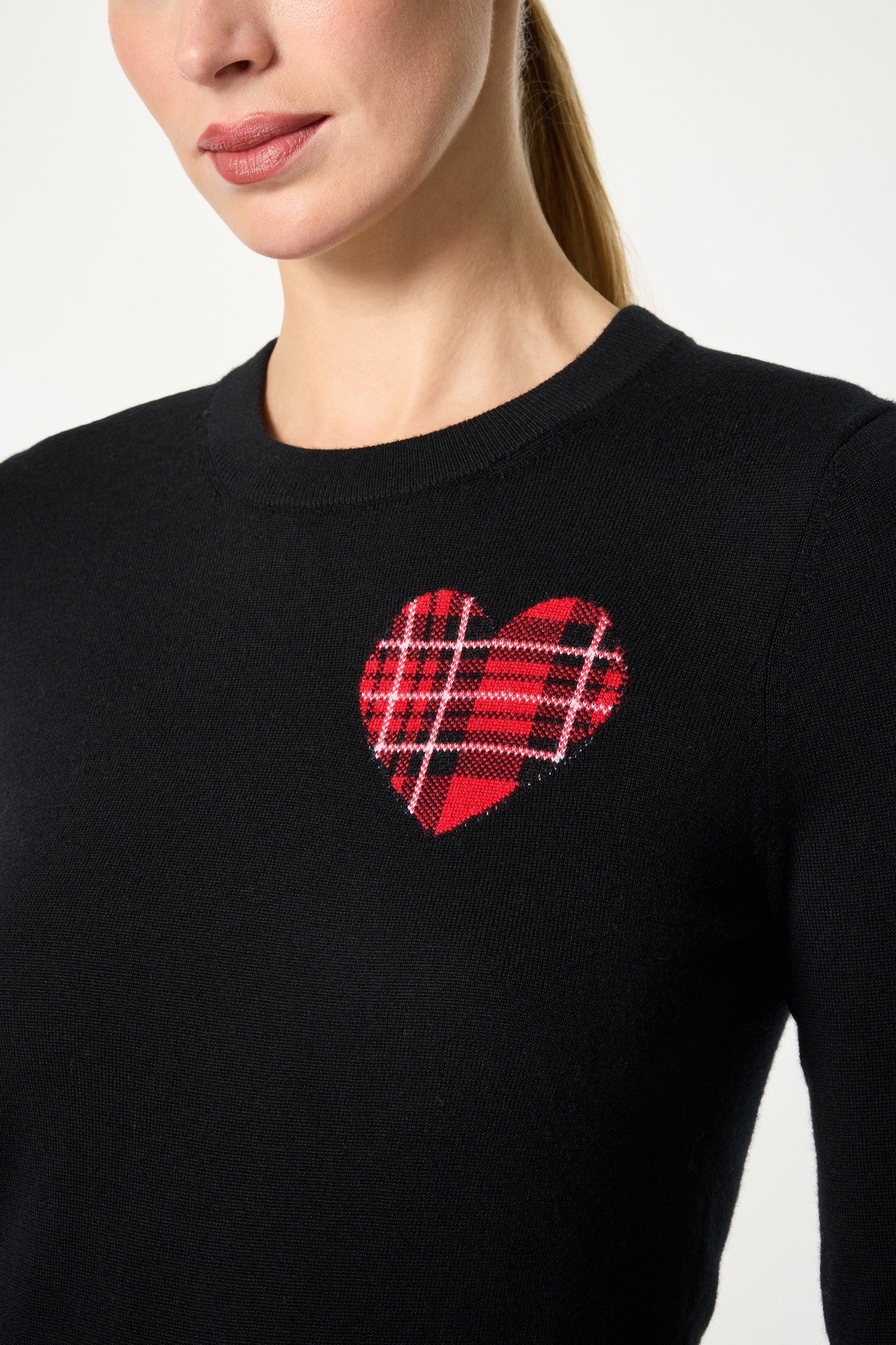 Trina Turk Plaid Heart Crewneck Sweater