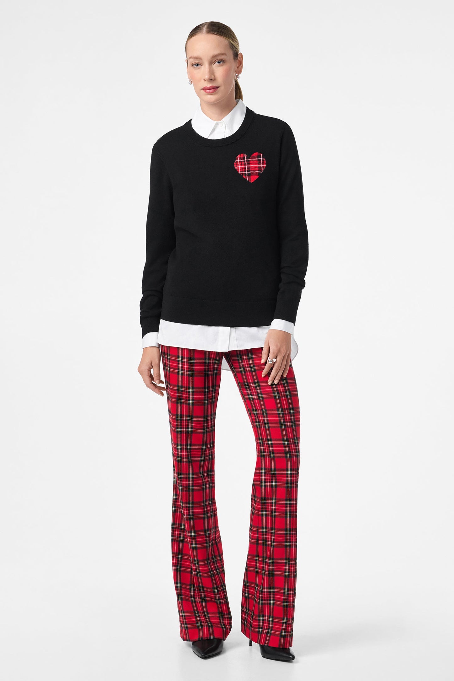 Trina Turk Plaid Heart Crewneck Sweater