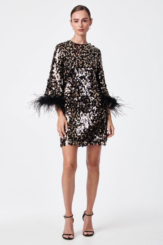 Trina Turk Juliet Feather-Cuff Sequin Mini Dress