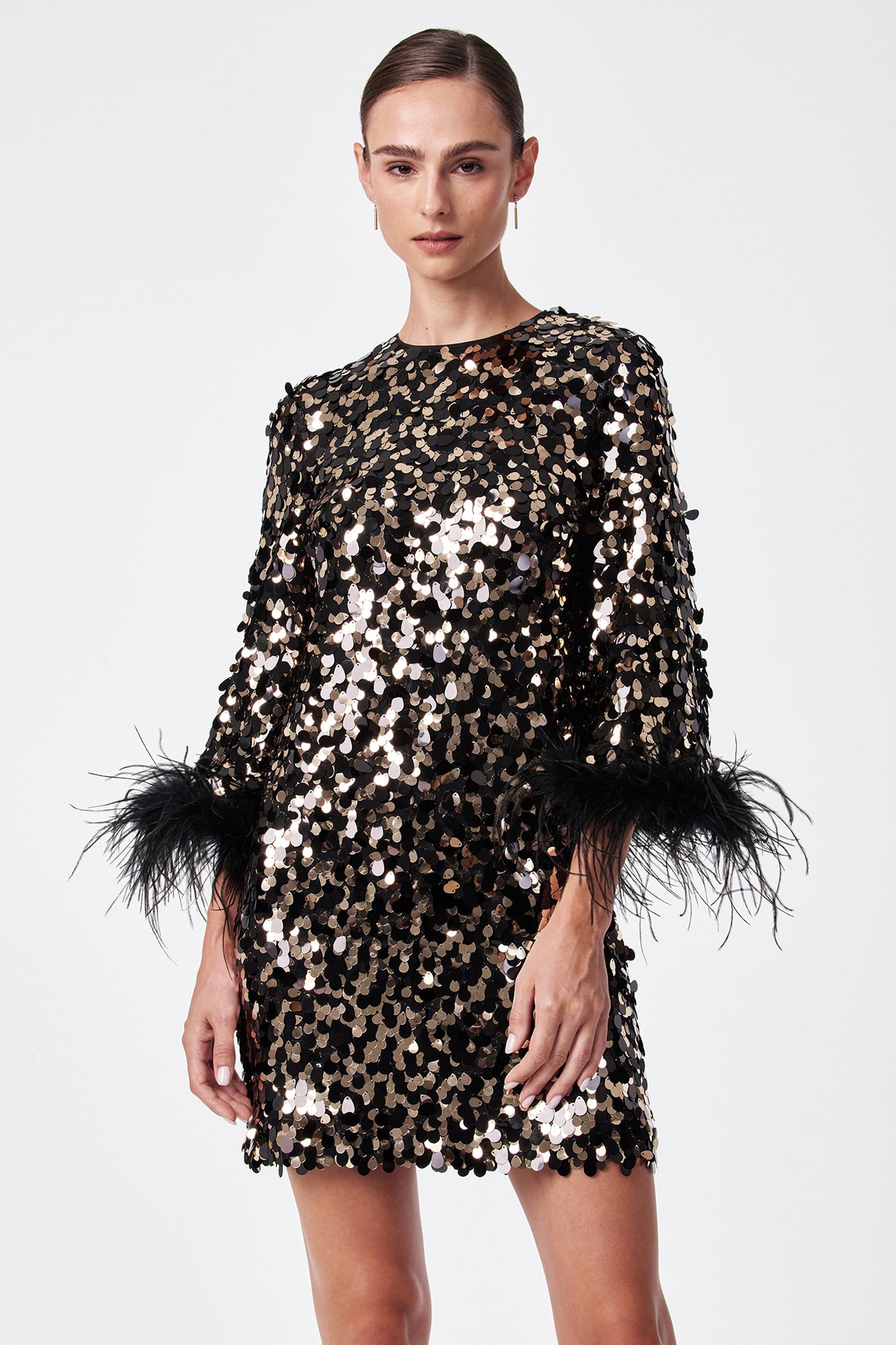 Trina Turk Juliet Feather-Cuff Sequin Mini Dress