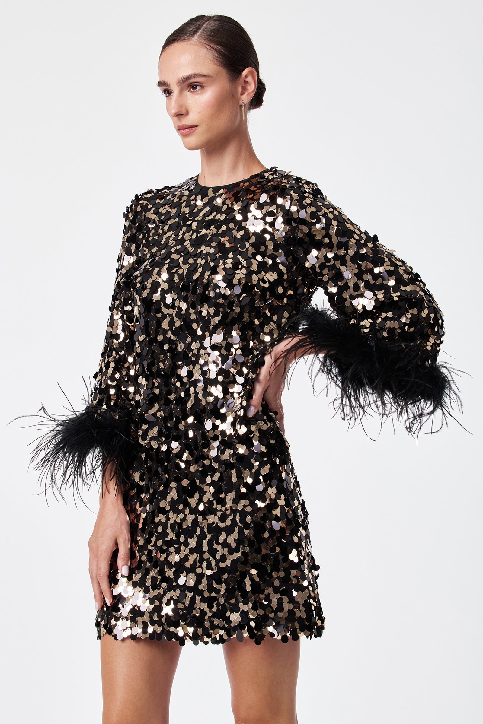 Trina Turk Juliet Feather-Cuff Sequin Mini Dress