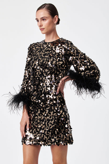 Trina Turk Juliet Feather-Cuff Sequin Mini Dress