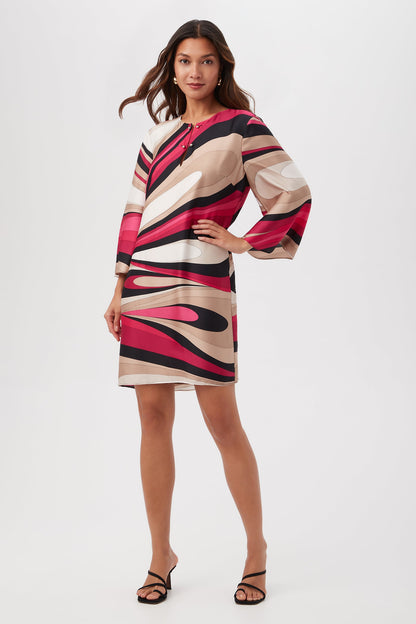 Trina Turk Nallia Split V-Neck Short Shift Dress with Long Sleeves