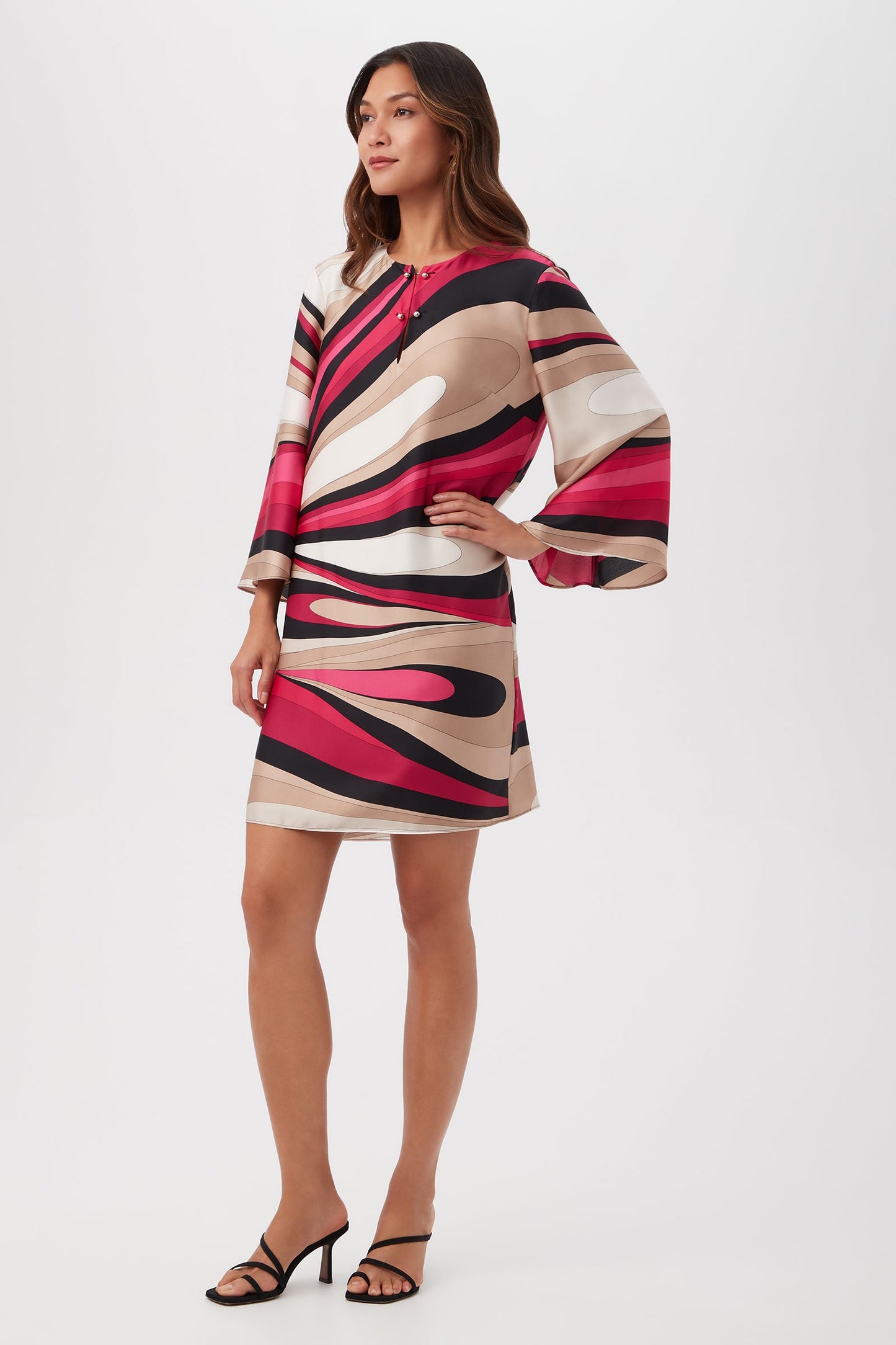 Trina Turk Nallia Split V-Neck Short Shift Dress with Long Sleeves