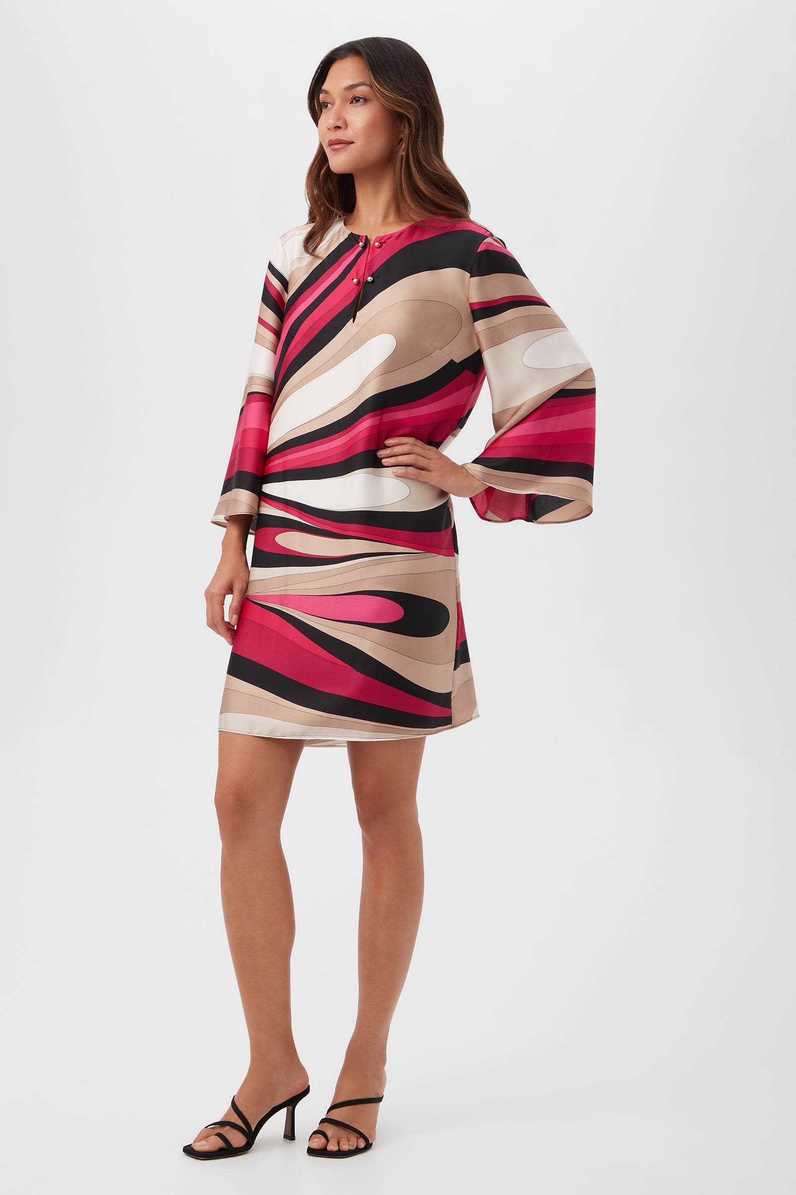 Trina Turk Nallia Split V-Neck Short Shift Dress with Long Sleeves