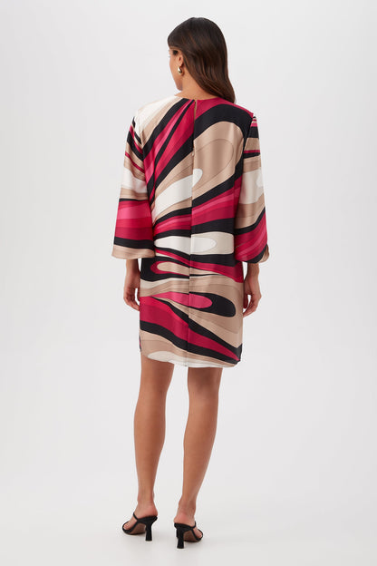 Trina Turk Nallia Split V-Neck Short Shift Dress with Long Sleeves