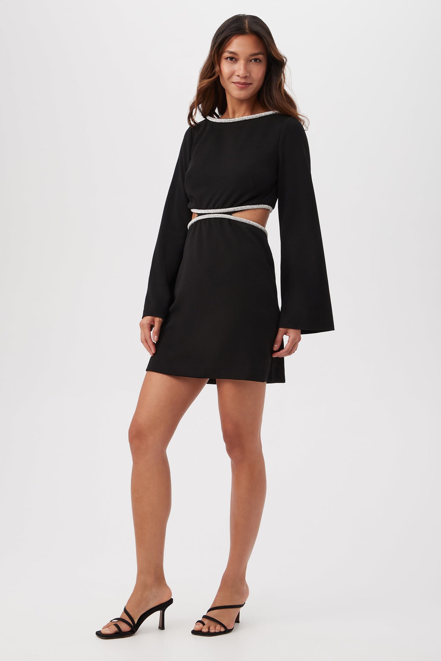 Trina Turk Sabia Long-Sleeve Crepe Knit Dress with Rhinestone Trim and Waist Cutouts