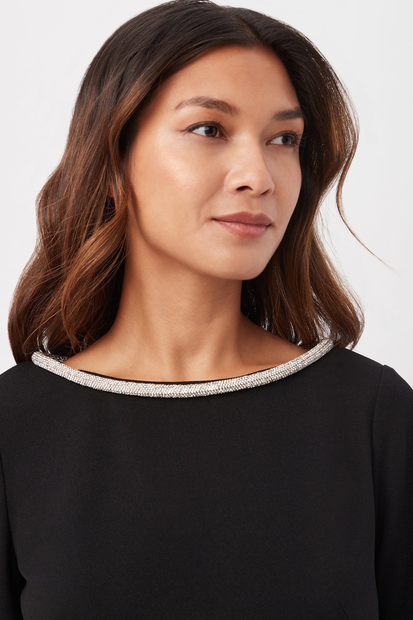 Trina Turk Sabia Long-Sleeve Crepe Knit Dress with Rhinestone Trim and Waist Cutouts