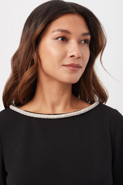 Trina Turk Sabia Long-Sleeve Crepe Knit Dress with Rhinestone Trim and Waist Cutouts