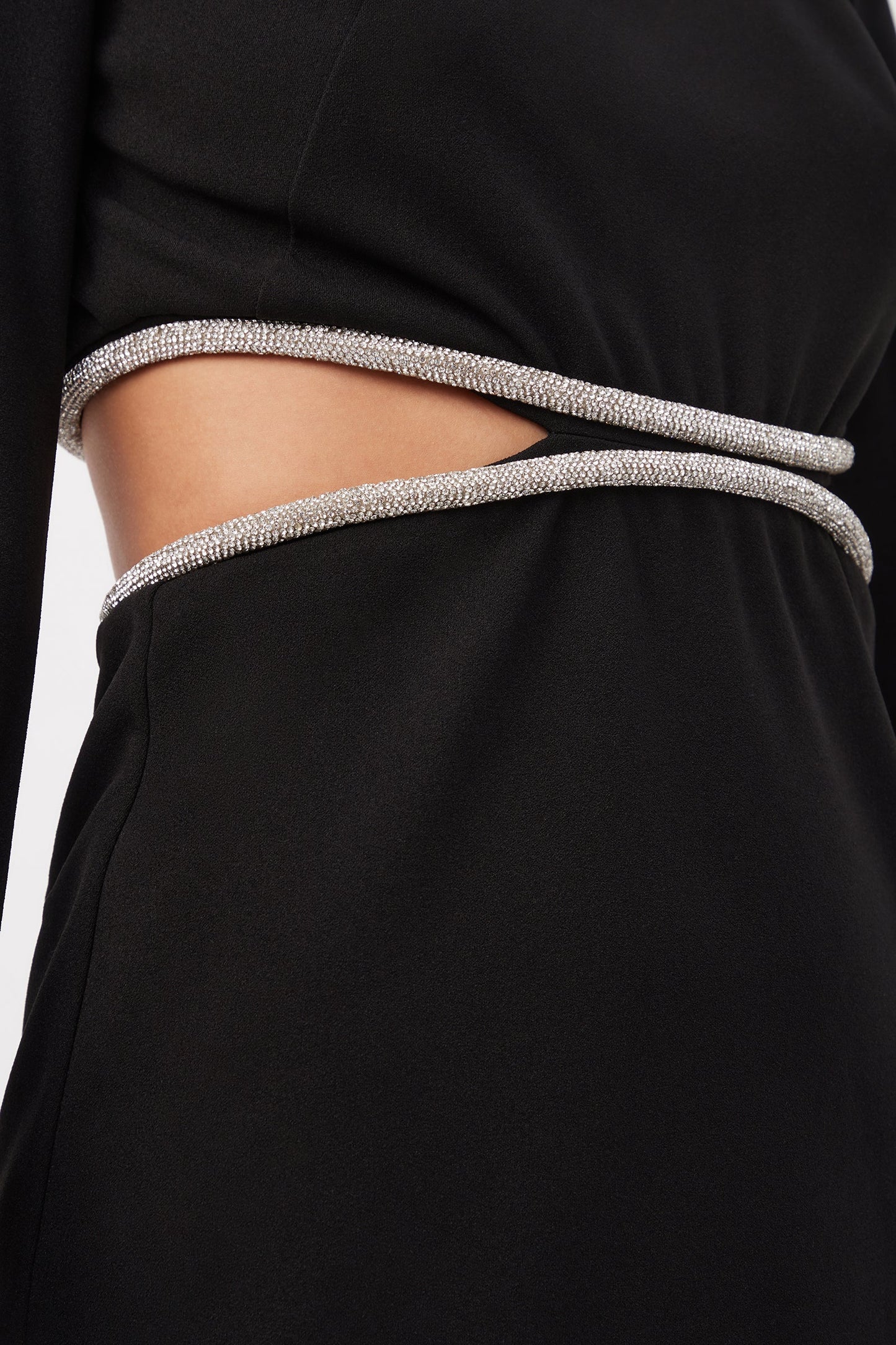 Trina Turk Sabia Long-Sleeve Crepe Knit Dress with Rhinestone Trim and Waist Cutouts