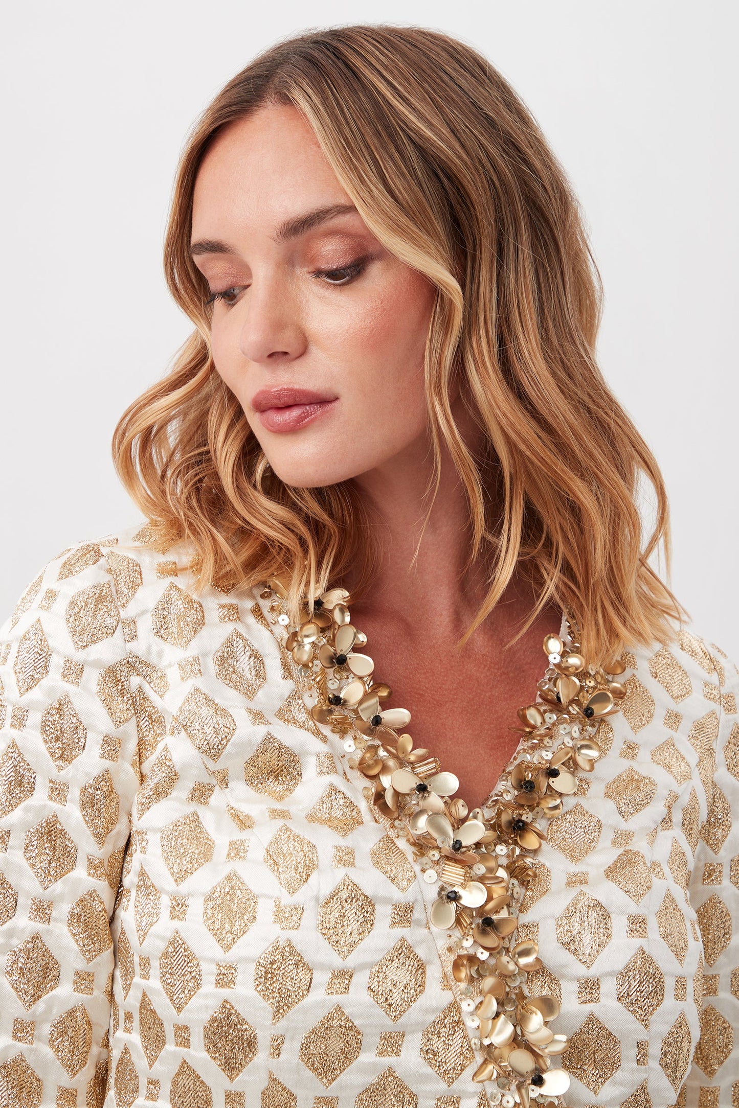 Trina Turk Darliah White And Gold Long Sleeve Dress With Gold Trim
