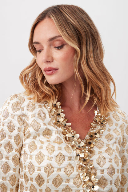 Trina Turk Darliah White And Gold Long Sleeve Dress With Gold Trim
