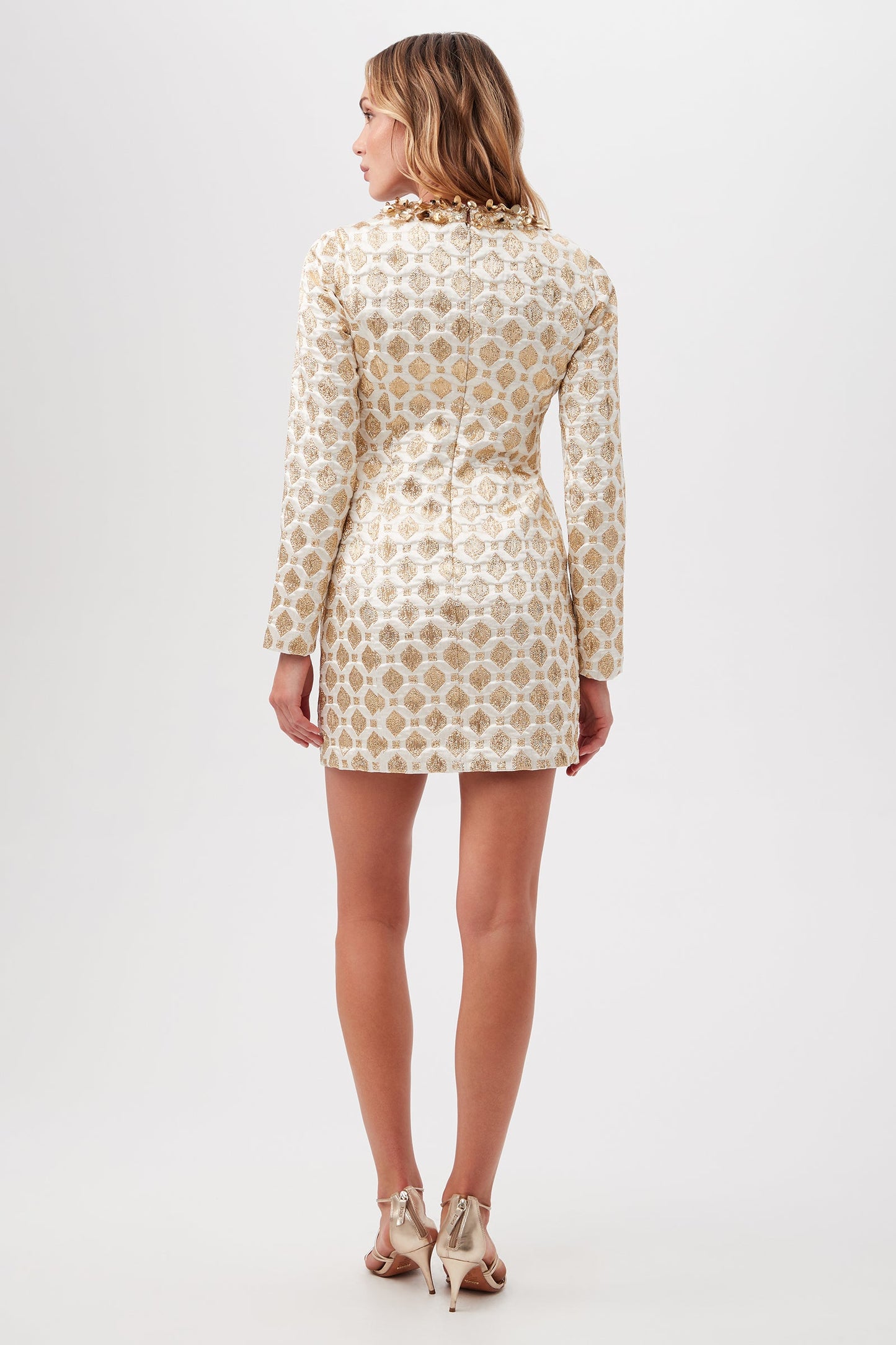 Trina Turk Darliah White And Gold Long Sleeve Dress With Gold Trim