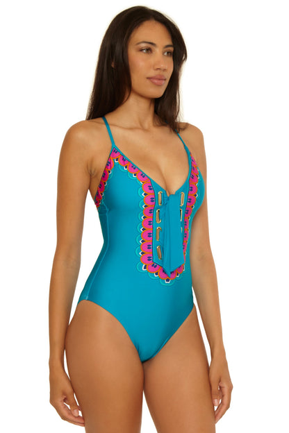 Trina Turk Lace-Up One-Piece Swimsuit - Mykonos