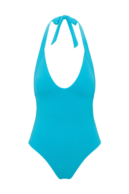 Trina Turk Women's Ripple Rib Halter Plunge One Piece Swimsuit
