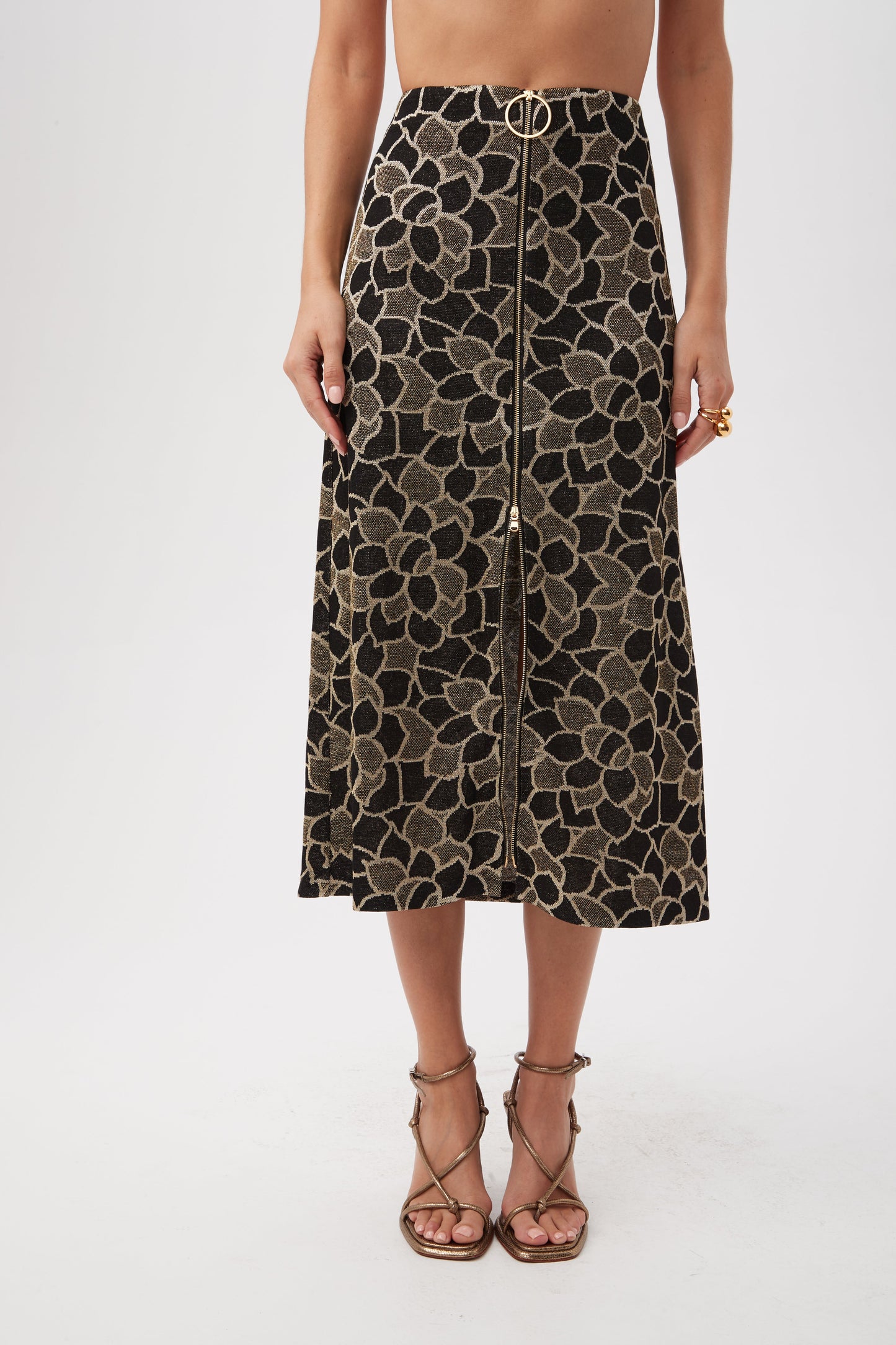 Trina Turk Zane Metallic Knit Jacquard Zip-Front Midi Skirt