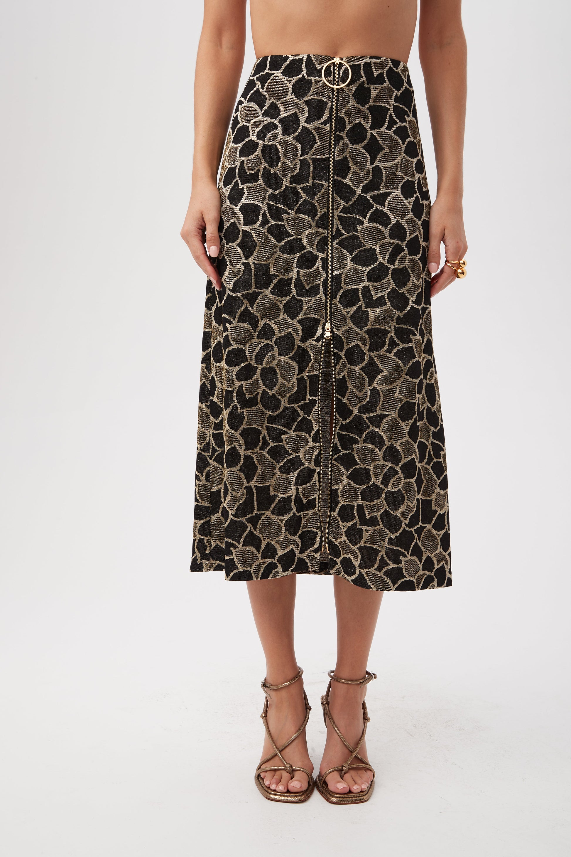 Trina Turk Zane Metallic Knit Jacquard Zip-Front Midi Skirt