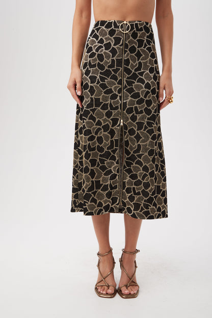 Trina Turk Zane Metallic Knit Jacquard Zip-Front Midi Skirt