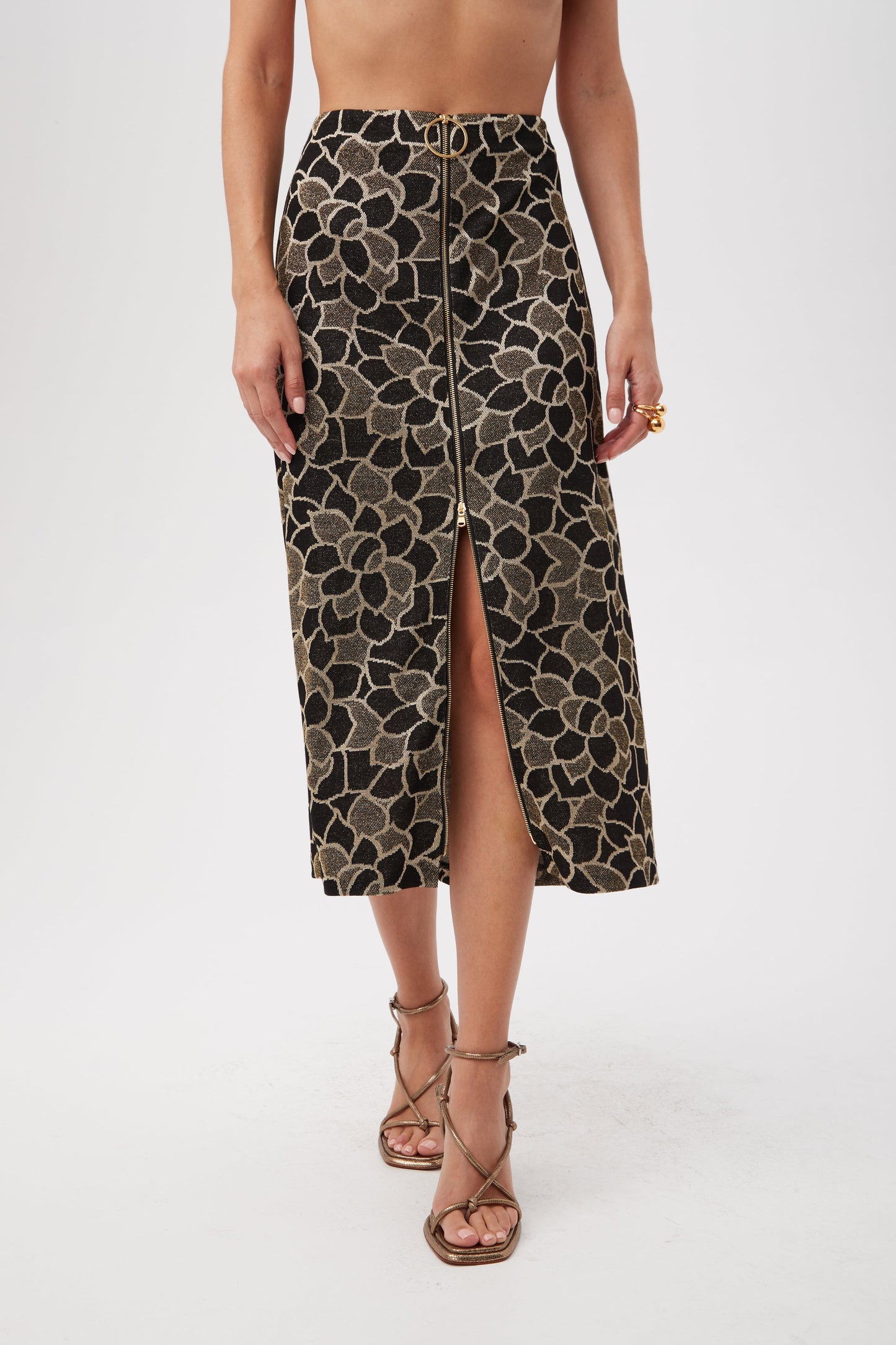 Trina Turk Zane Metallic Knit Jacquard Zip-Front Midi Skirt
