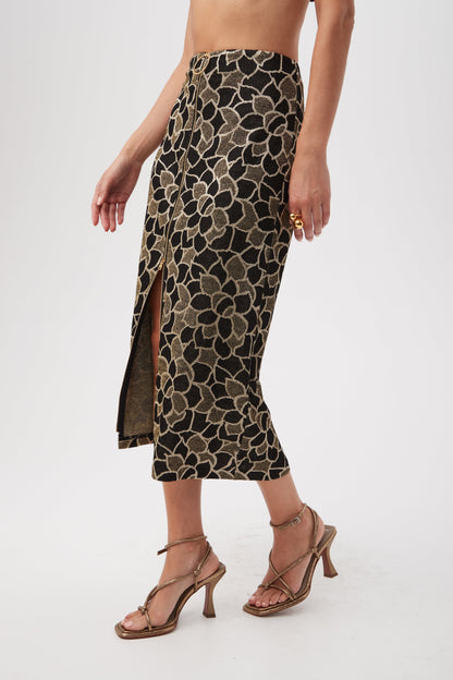 Trina Turk Zane Metallic Knit Jacquard Zip-Front Midi Skirt