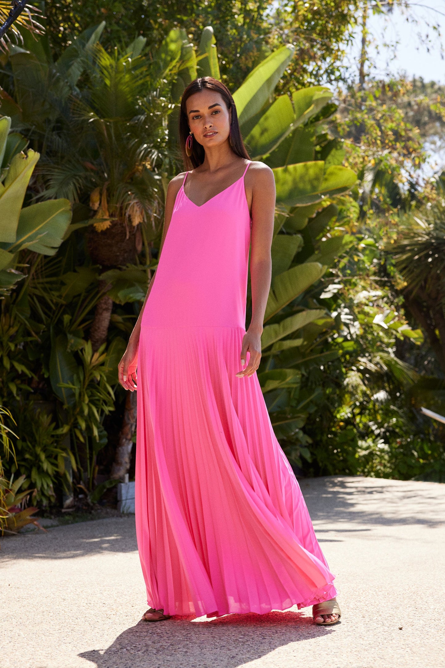 Trina Turk Carve Sleeveless Drop-Waist Pleated Maxi Dress