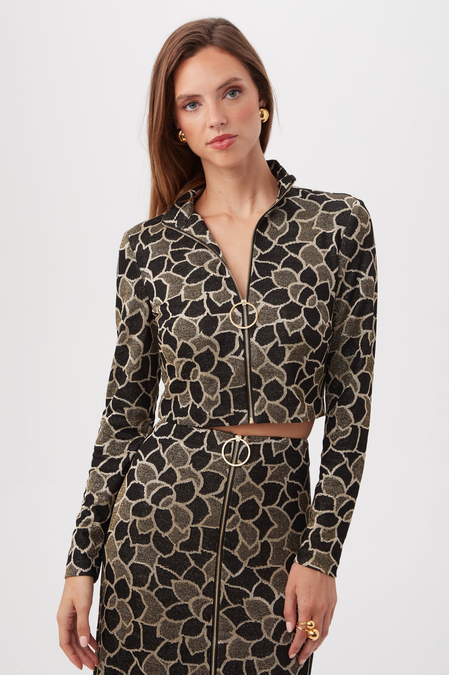 Trina Turk Frosty Meadows Cropped Knit Jacquard Zip-Front Top