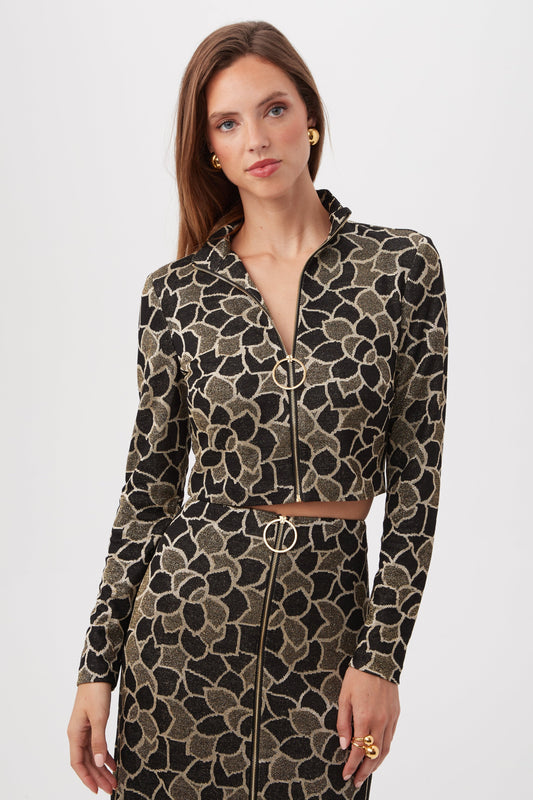 Trina Turk Frosty Meadows Cropped Knit Jacquard Zip-Front Top